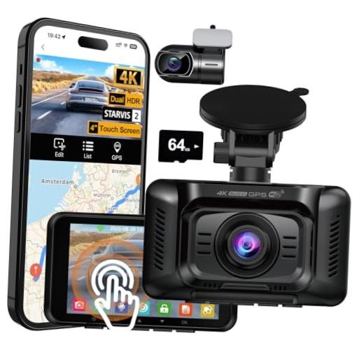 4K Dash Cam Front and Rear, 2 Channel Dash Camera for Cars | 4″ Touch Screen,