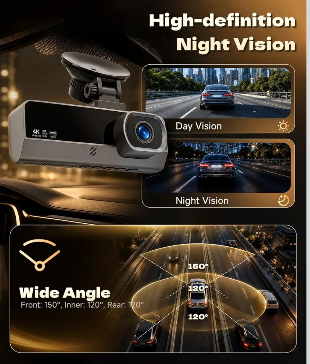 Rimoody 3-Channel 4K Dash Cam – Front/Rear/Interior Cameras, 5.8GHz WiFi, 64GB