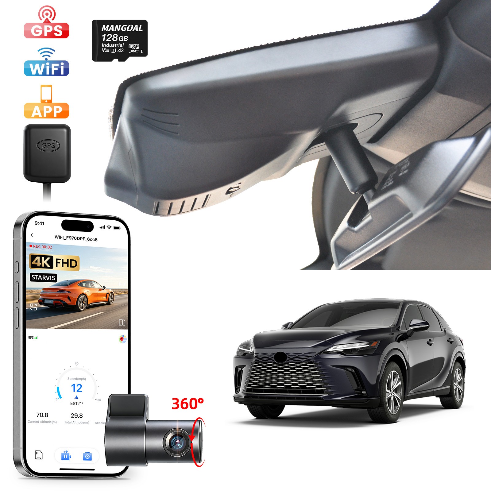 4K Front + 1080P Rear HDR Dash Cam for Lexus RX 2023-2026 350 350h 450h 500h OEM