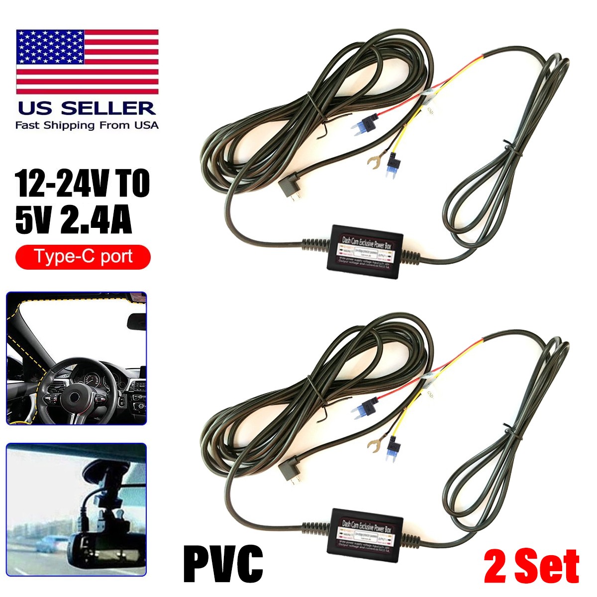 USB C Dash Cam Hardwire Kit For Fuse 12-24V to 5V Type C Port Hard Wire Cable 2X