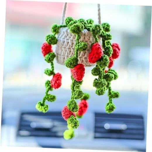 Car Mirror Hanging Accessories ， Car Rearview Mirror Decor，Cute Crochet Red