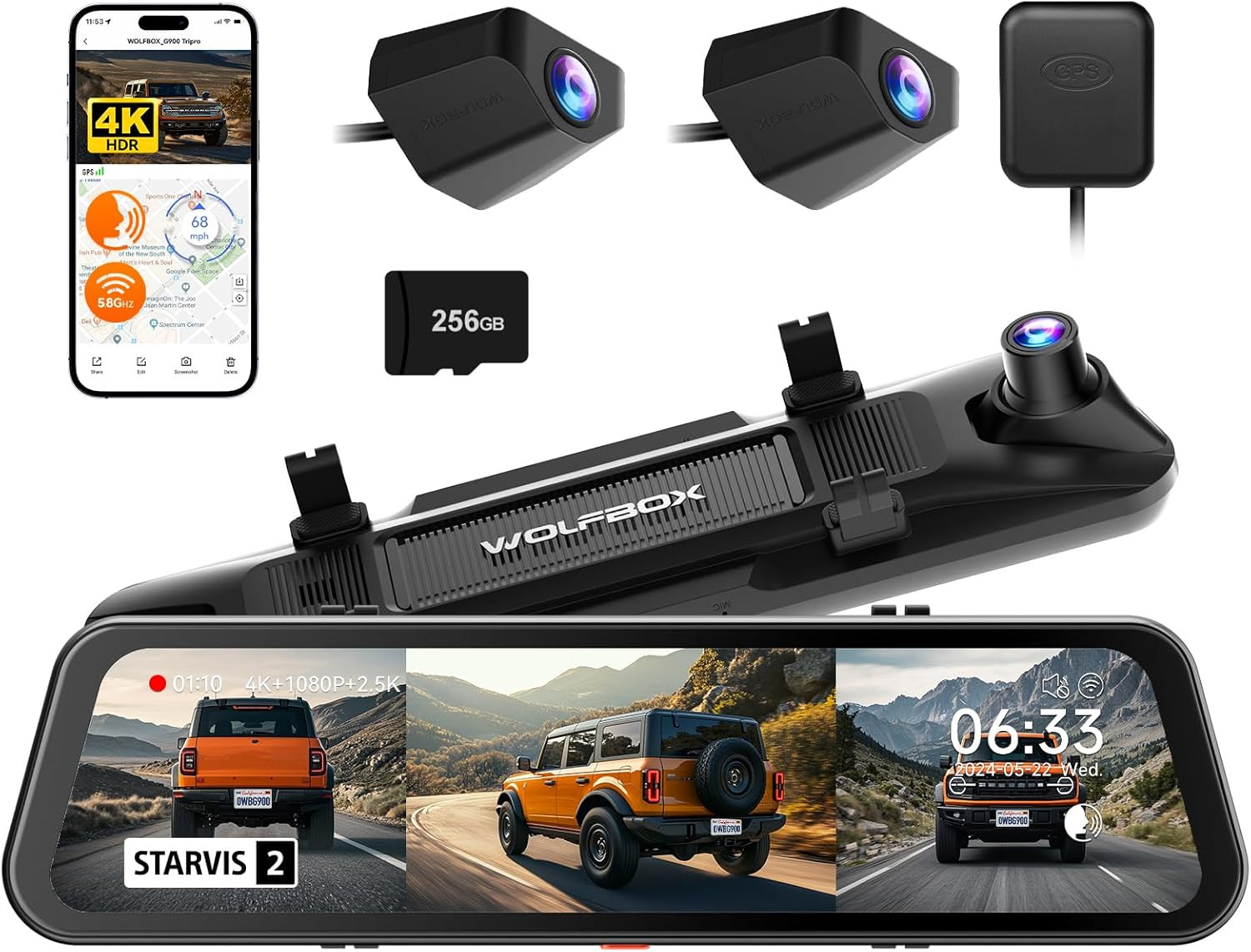 WOLFBOX G900 Tripro Bumper Version 3 Channel 4K Mirror Dash Cam, 8MP STARVIS 2 I