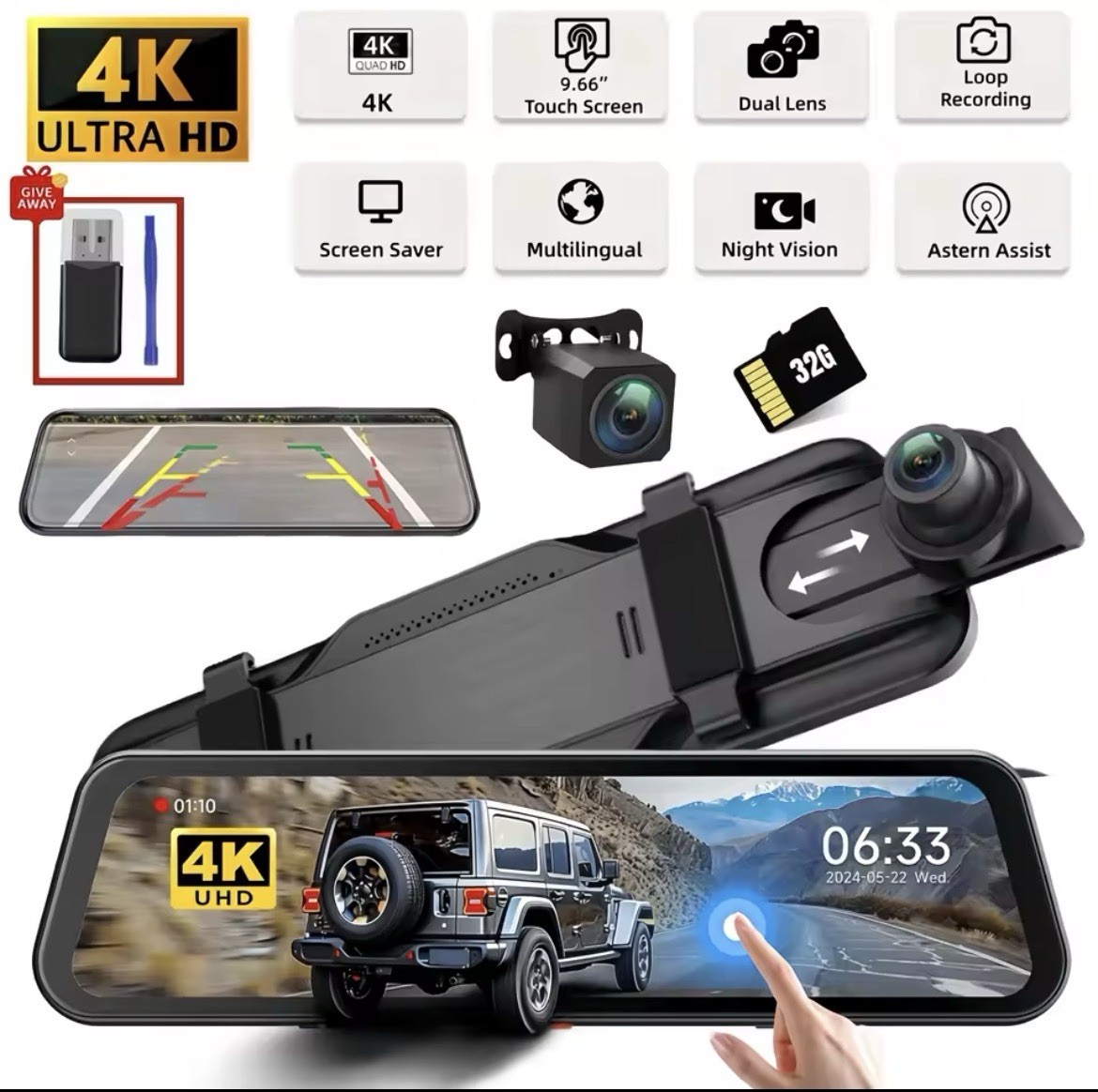 10” 4K Touch Screen Dash Cam Mirror w/ Rear Camera Night Vision Parking Monitor