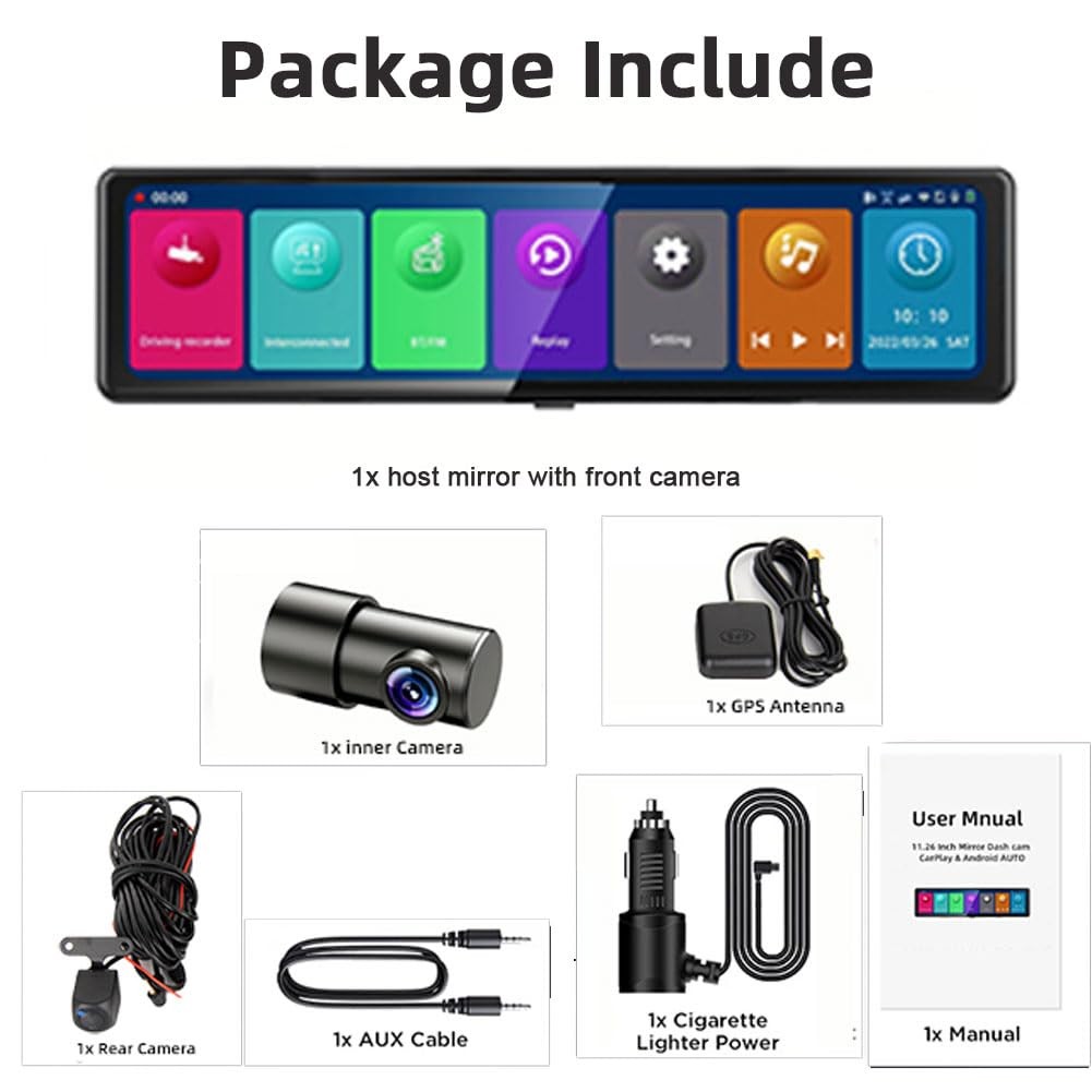 Wireless Carplay Screen 11.26 Inch 4K FHD Rearview Mirror Driving Recorder wi…
