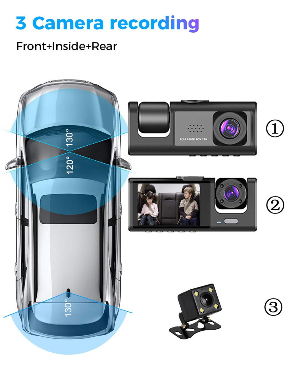 3‑Channel Dash Cam 1080P Front Cabin Rear Car DVR Video Recorder Parking Monitor