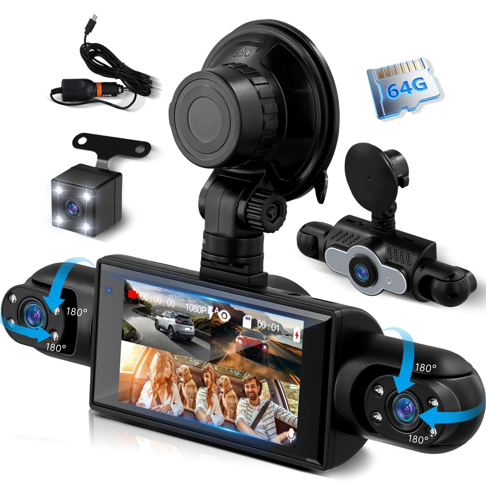 Volxcereo 4 Channel 360° Dash Cam 1080P Front and Rear, 3 Inch Left Right Scr…