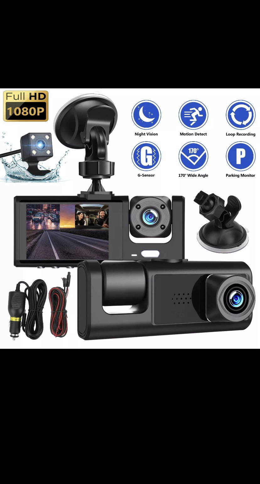 Car Dual Lens Dash Cam HD 1080P Front/Rear/Inside Video Recorder Camera G-Sensor