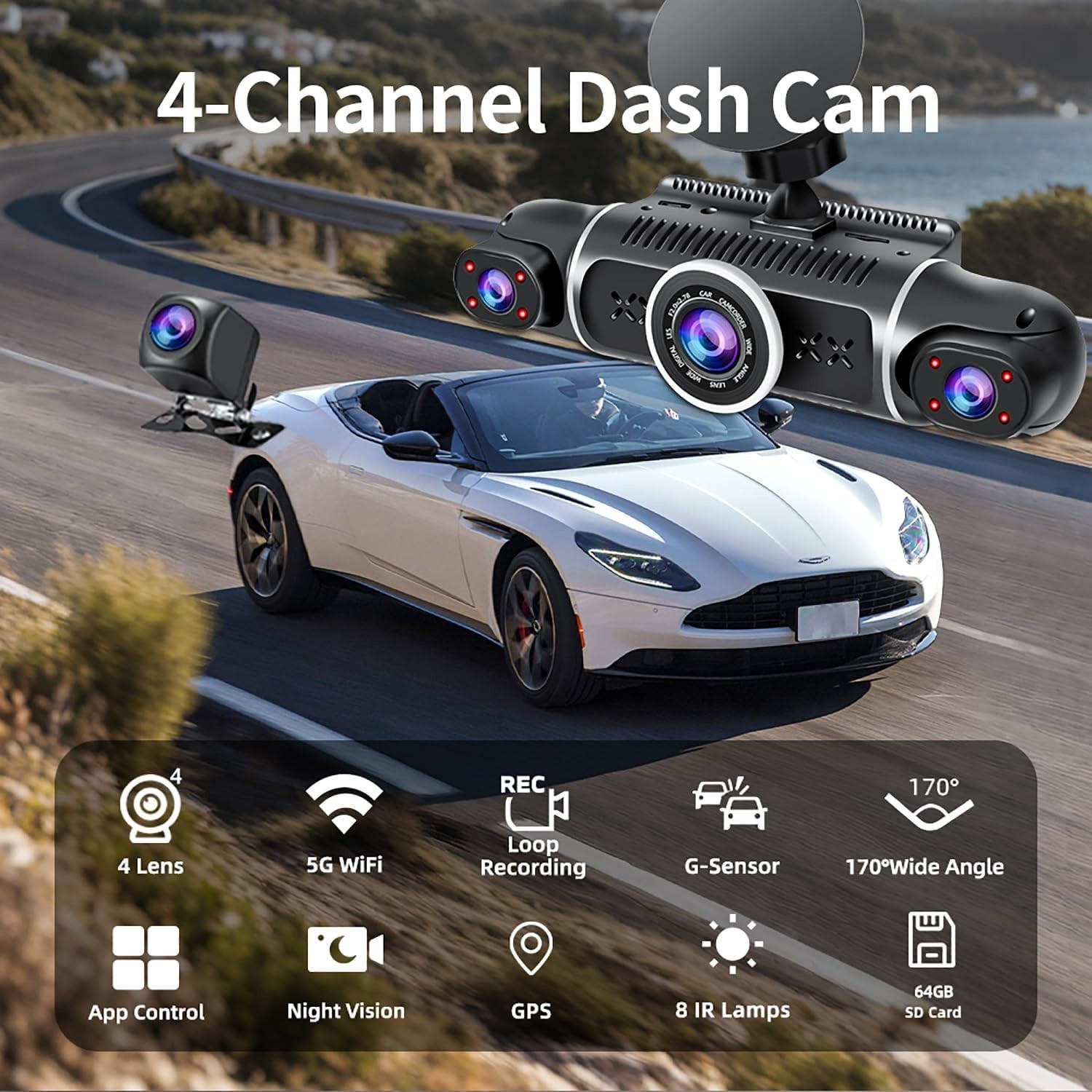 360° 4-Channel Dash Cam with Night Vision, GPS & WiFi – FHD 2K+1080P System
