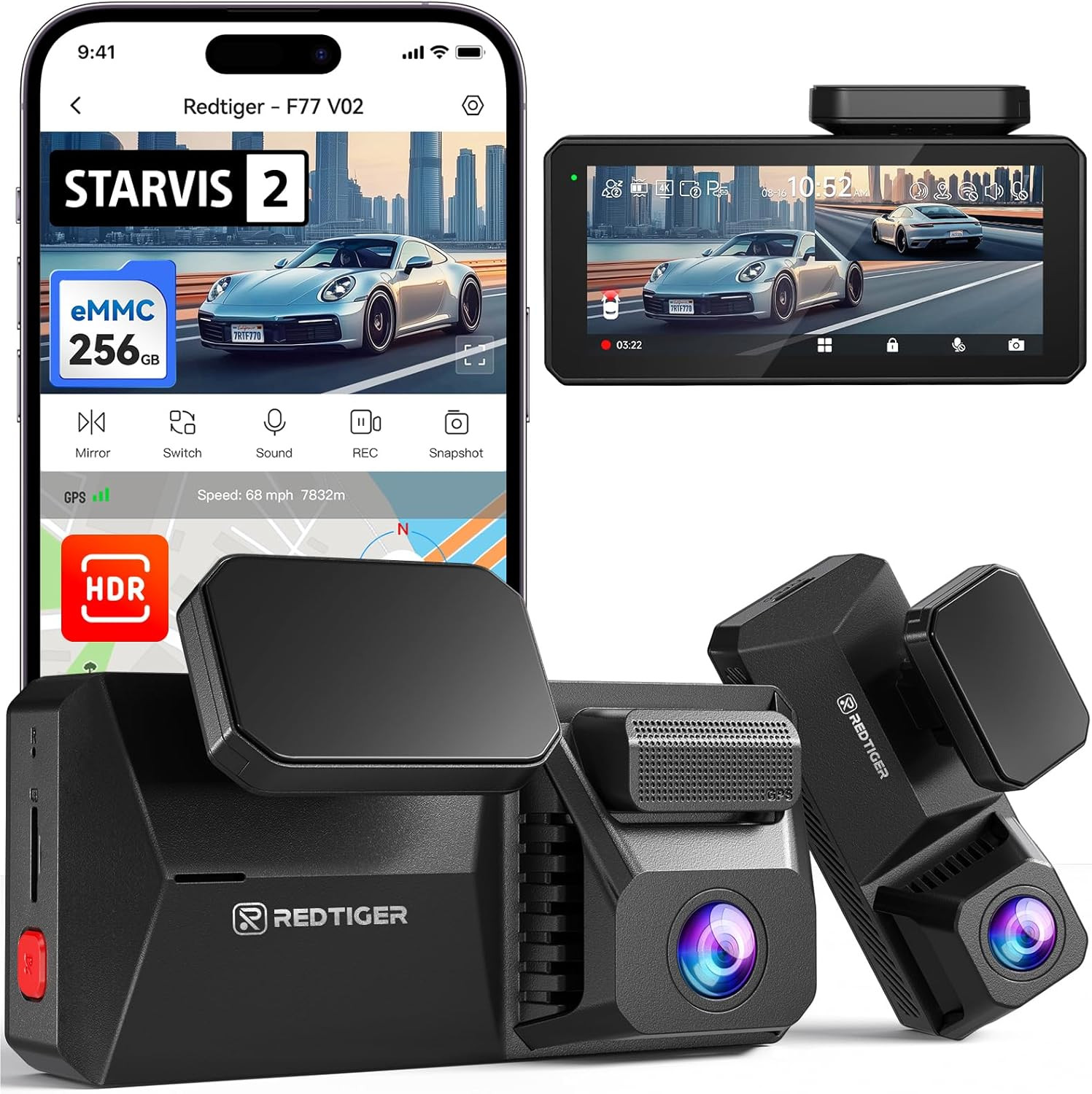 Dual 4K Dash Cam with 256GB Emmc, STARVIS 2 IMX678 Front and Rear Dash Camera wi