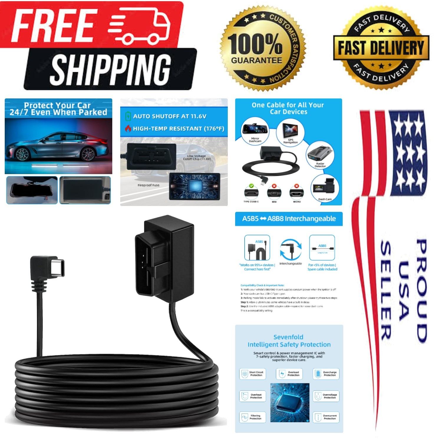 Dash Cam Hardwire Kit，OBD Power Cable for Dash Camera ，USB Type C Adapter Har…