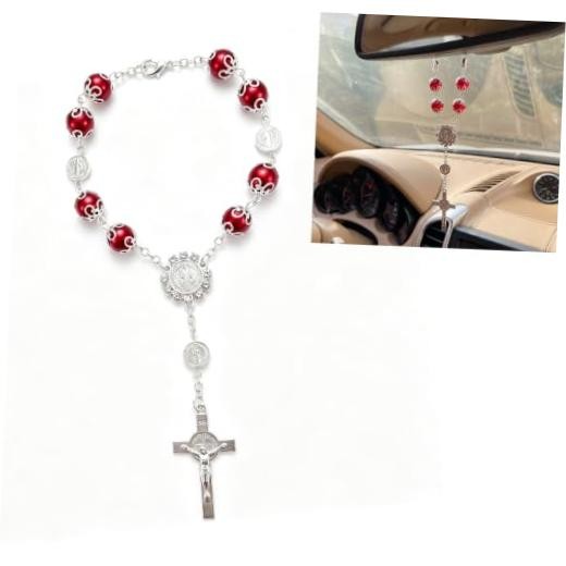 Car Rosary for Rearview Mirror, Personalized Cross Rosary Hanging Pendant, red