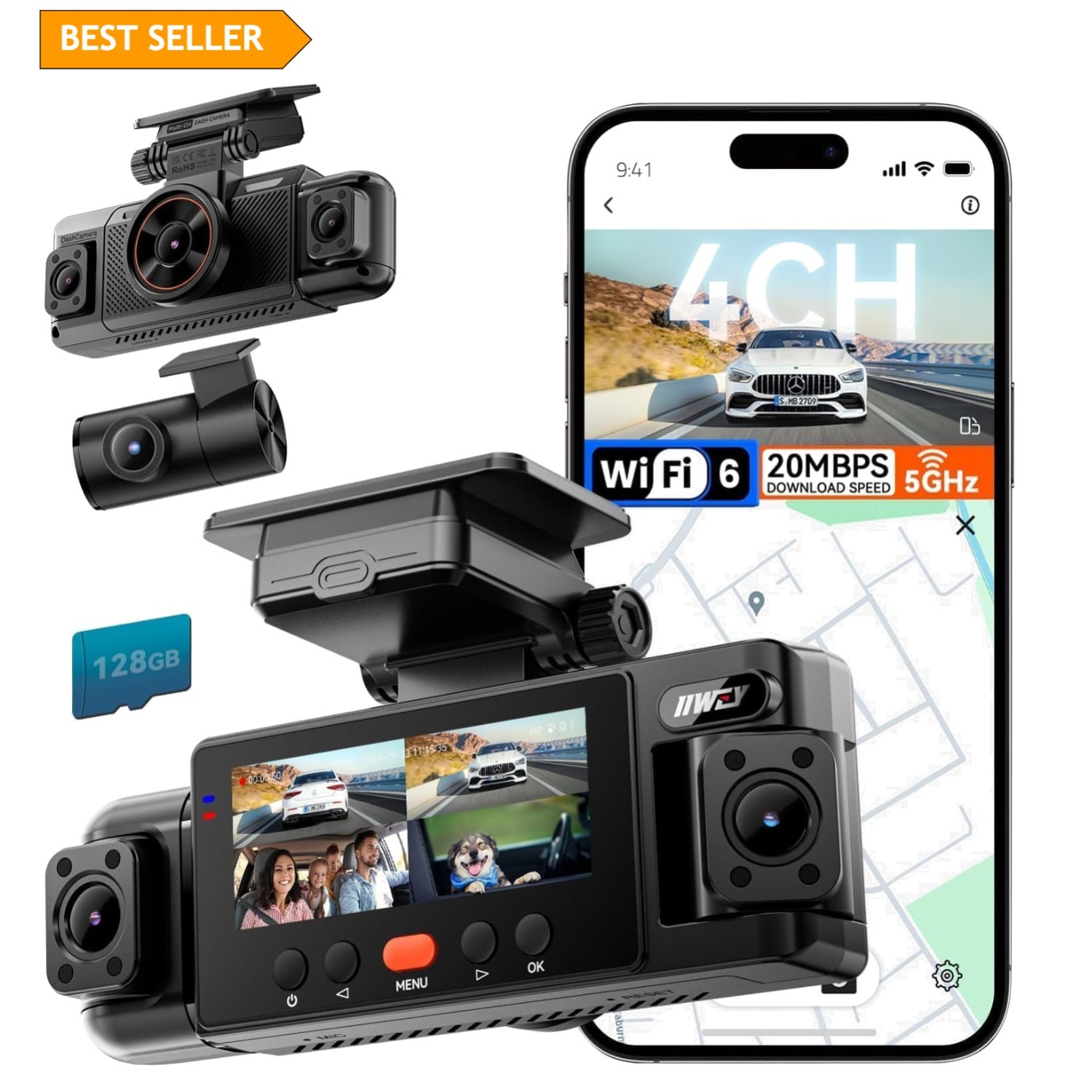FHD 360° Dash Cam N6 with 5.8G WiFi—Includes 128GB Card, Night Vision & G-Sensor