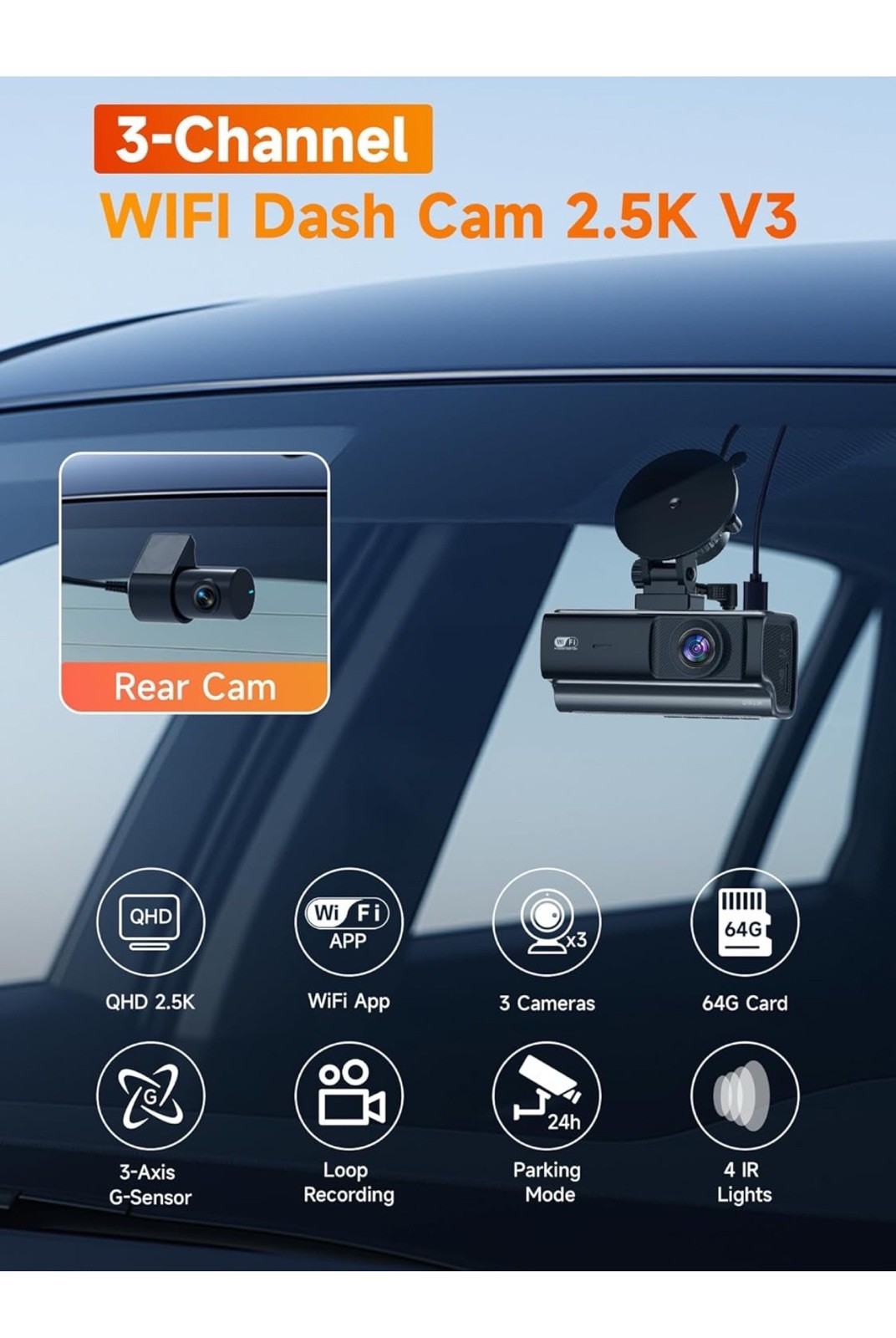 TOGUARD CE41A Front Inside Dual Dash Camera 2.5K+1080P+1080P 64GB 24h Parking Mo