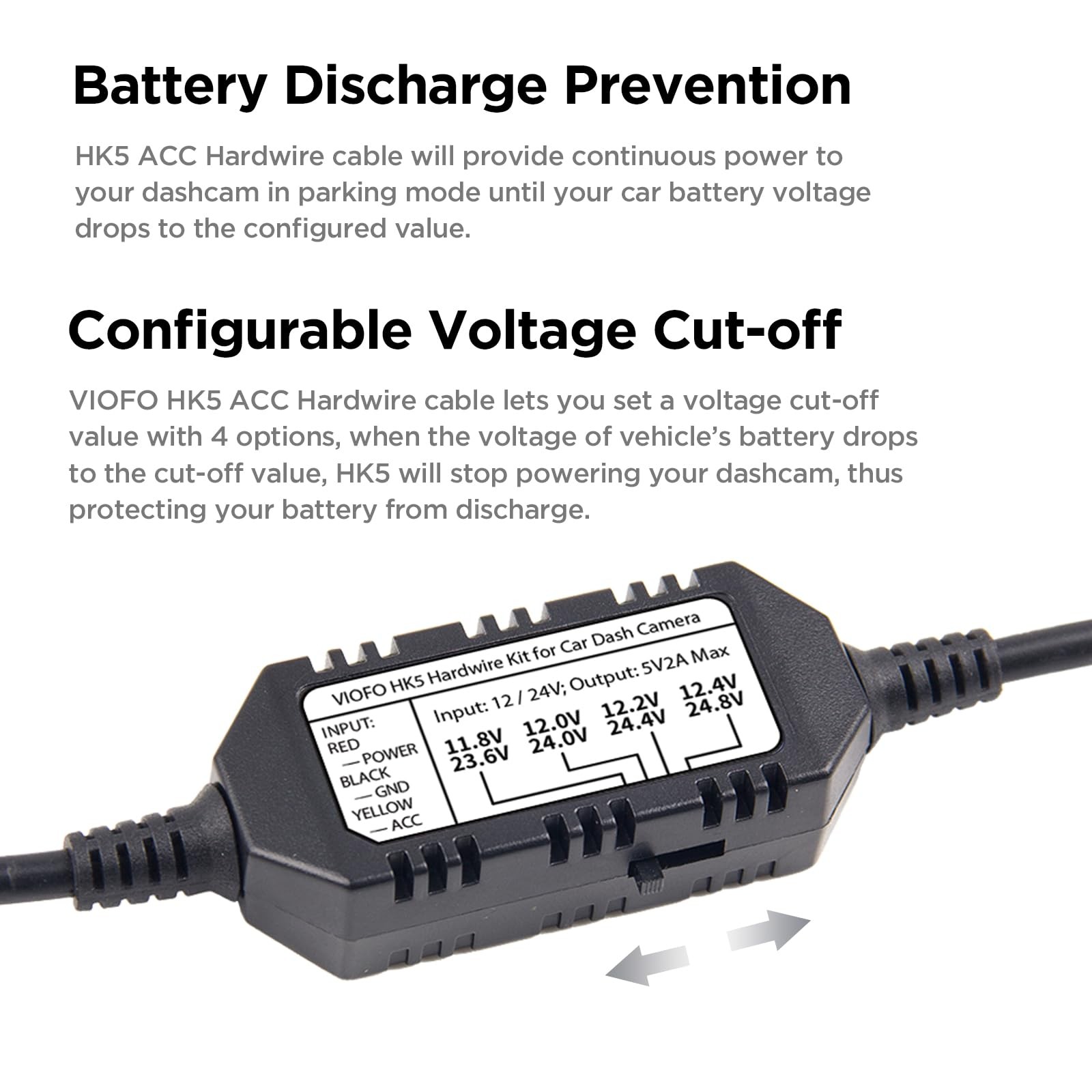 VIOFO HK5 Acc Hardwire Cable for VS1 Dash Cam 12-24V Low Voltage Protection