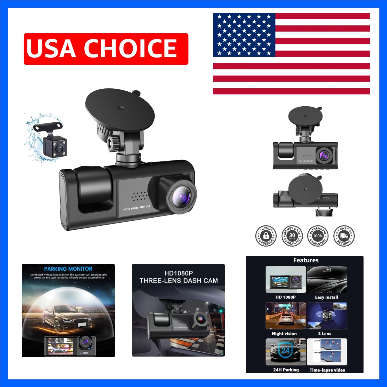 3 Channel Dash Cam WIFI 3 Cameras, Front Rear and Inside, Rearview Mirror Vid…