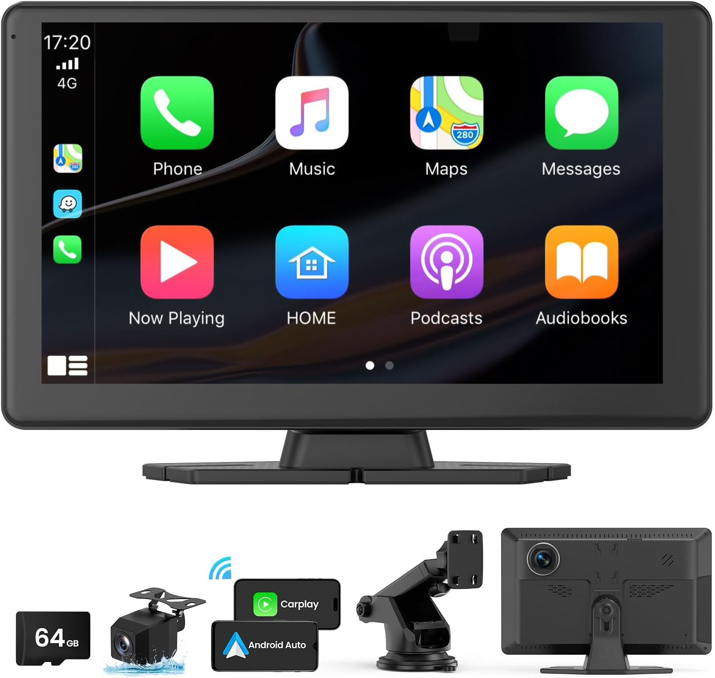 Portable Carplay Screen for Car 5K Dash Cam, 9″ Wireless Carplay & Android Auto