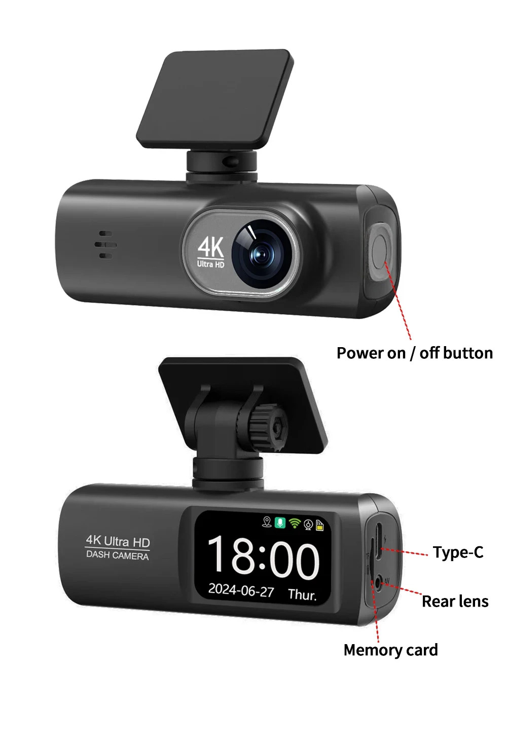 UHD 4K Dash Cam Dual Lens With 1080P Rear view Camera Night Vision Black Box