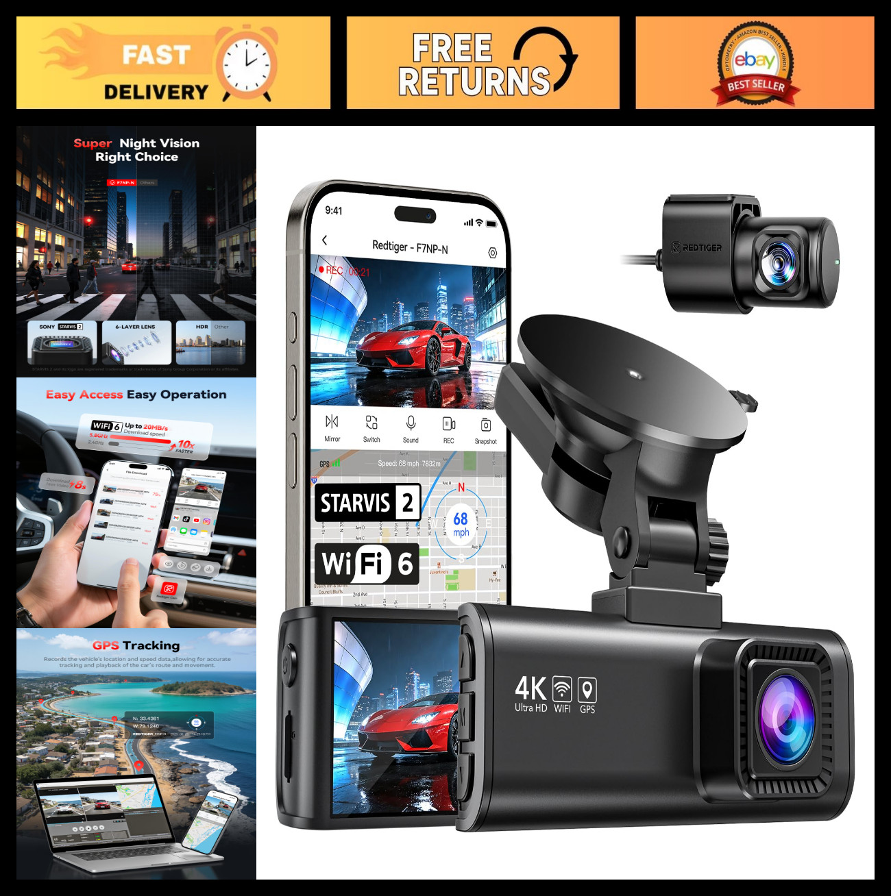 4K Dash Cam Front & 1080P Rear, WiFi GPS, Night Vision, 170° Wide Angle, Parking