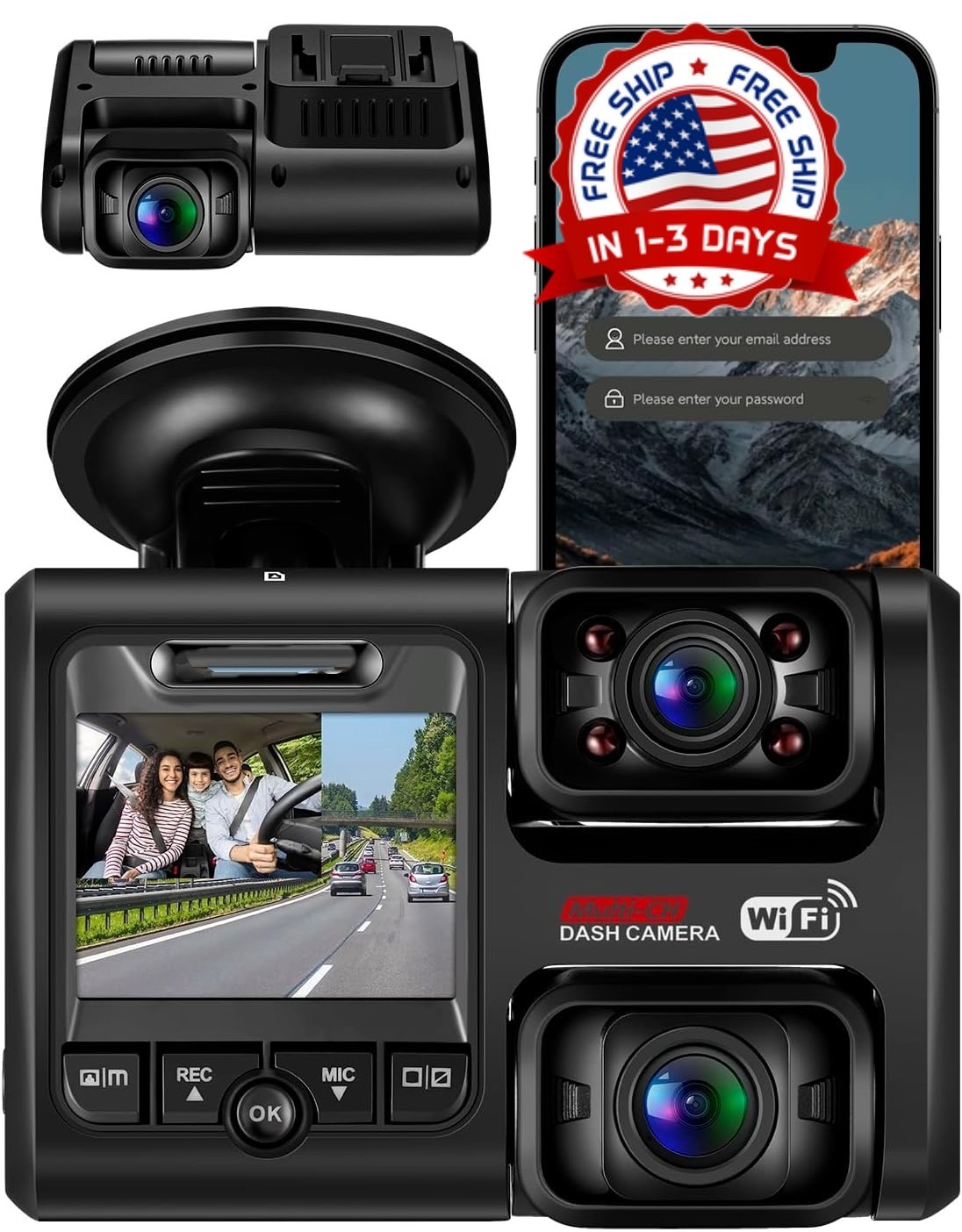 Cámara de tablero para la parte delantera y adentro del automóvil,Dual FHD 1080p