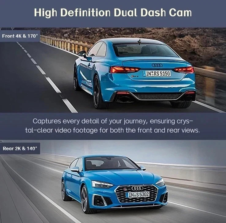 Zunfly 4K Front and Rear Dash Cam Built-In WiFi GPS App Control Night Vision NEW