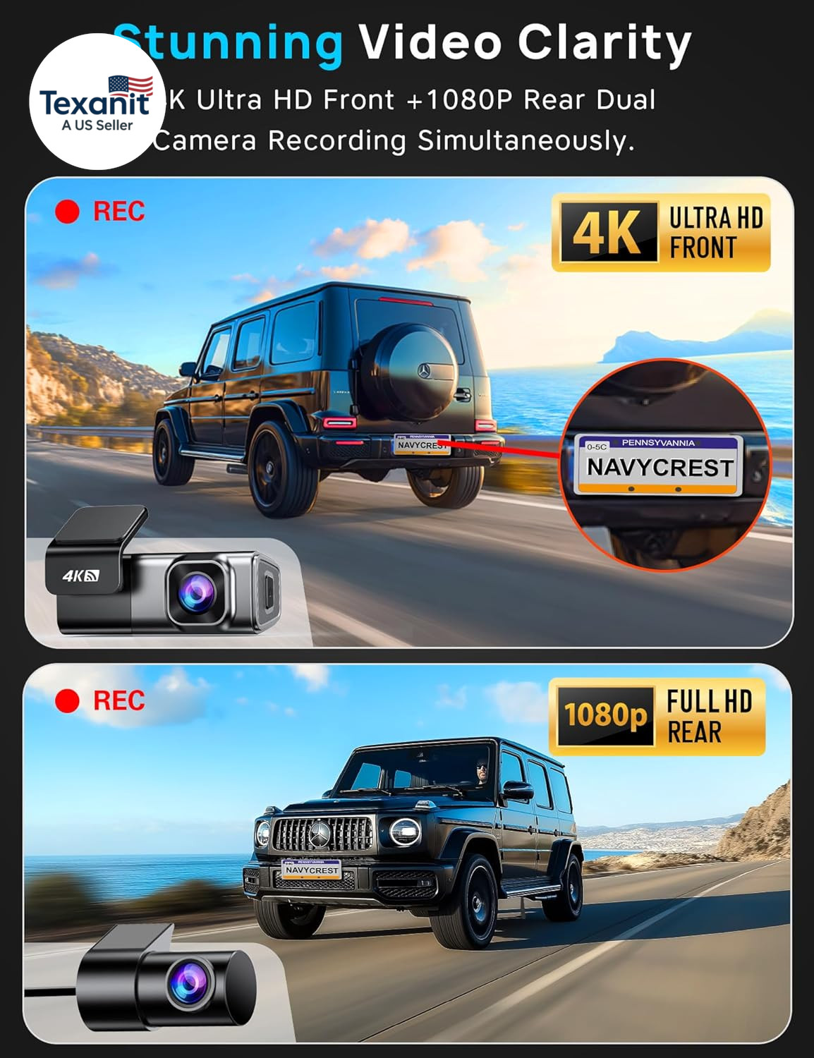 4K Dash Cam Front and Rear with 64GB Card, Built-In 5G Wifi, Dash Camera for Car