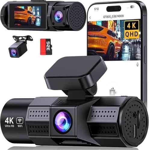 TUIFAC 4K 3 CHANNEL DASH CAM FRONT AND REAR INSIDE GT805 – BLACK