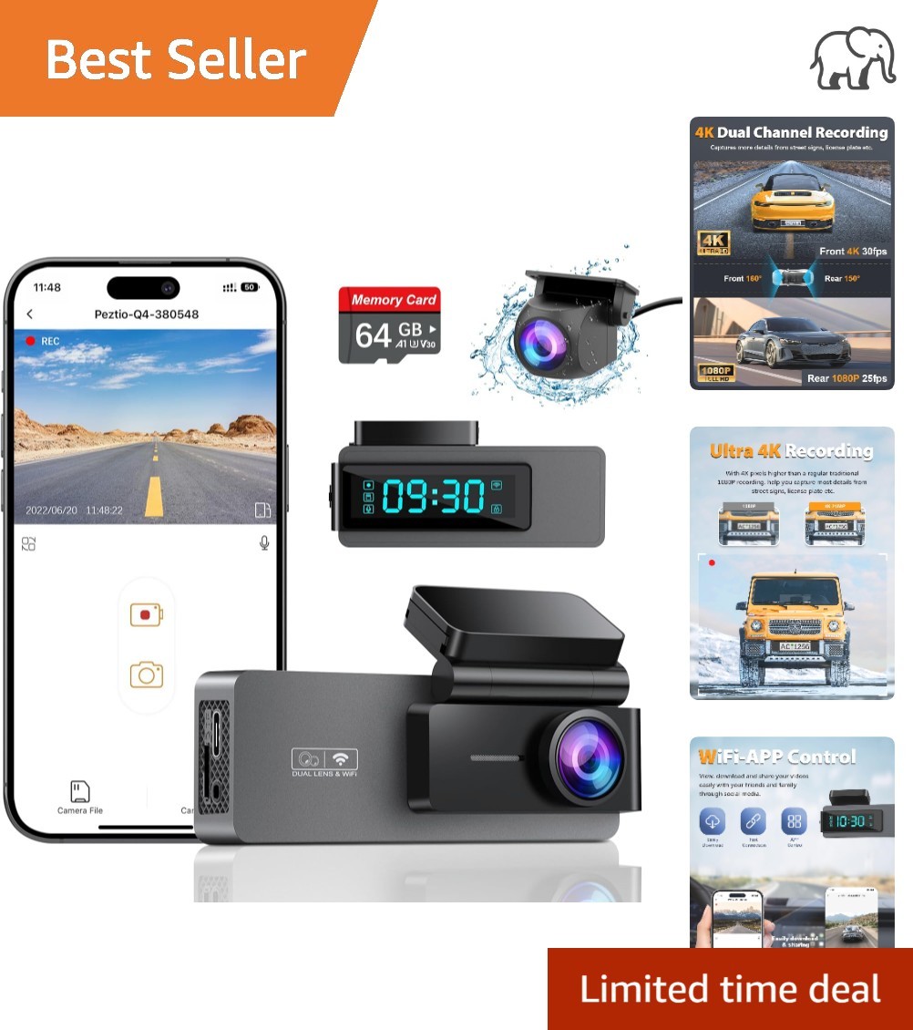 Q4 Dual Dash Camera 4K +1080P: Built-in WiFi & 24 Hour Surveillance Monitor
