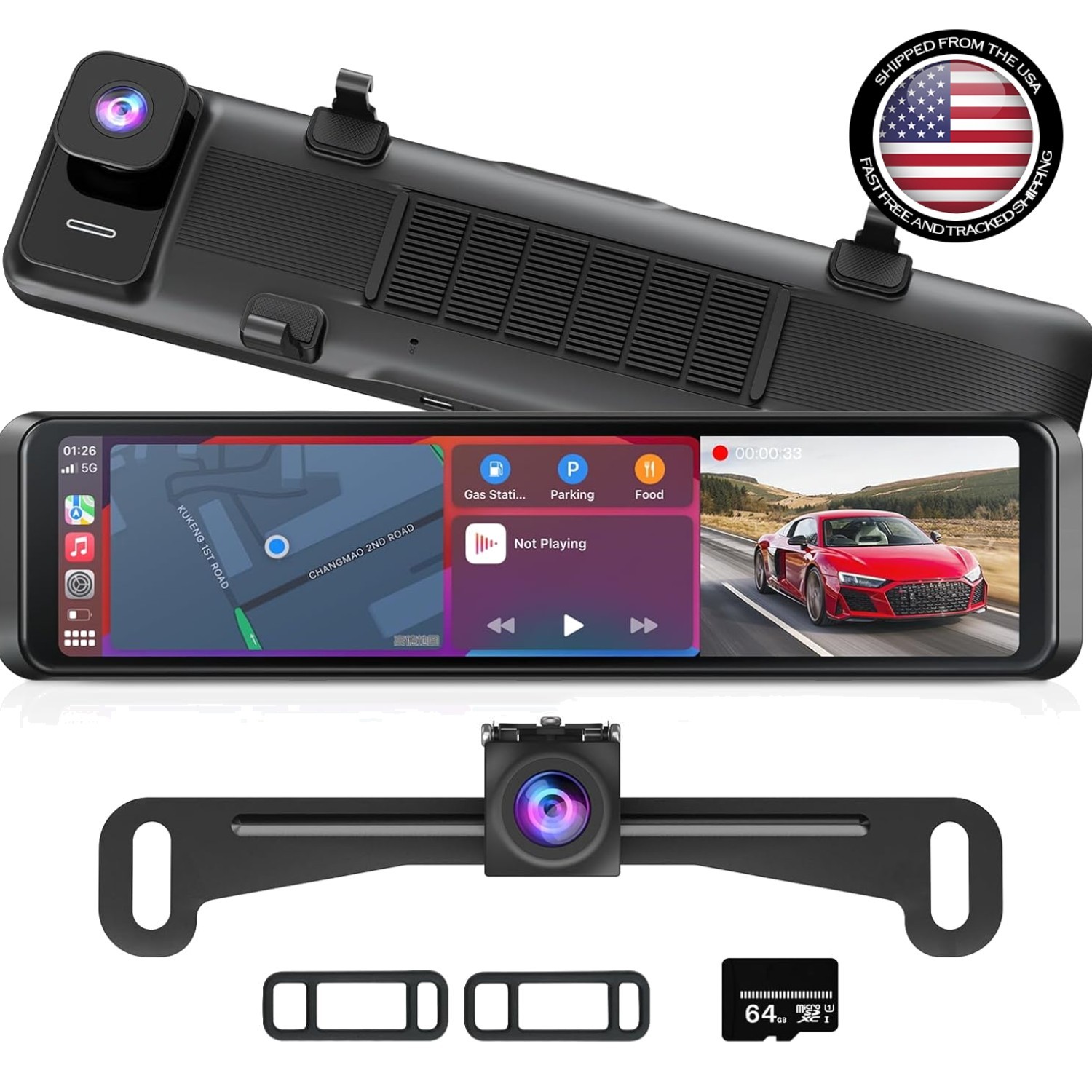 4K Rear View Mirror Camera with Carplay&Android Auto,12″ Mirror Dash Cam Fron…