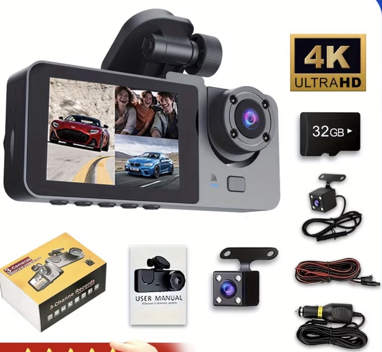 Dash Cam Three Channels 4K HD for Cars 170° Wide Angle Full UHD