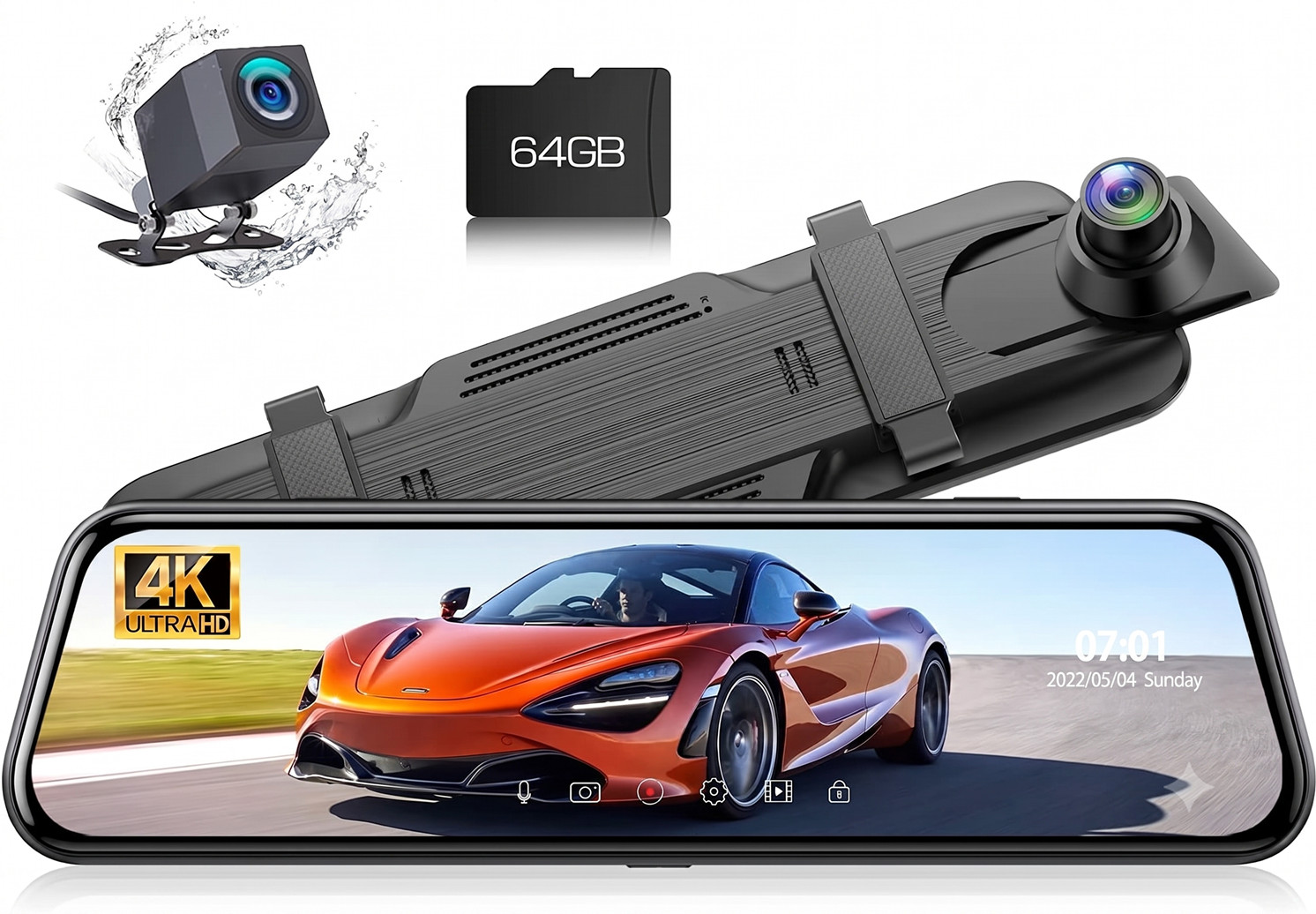 4K Rear View Mirror Dash Cam, 10” Mirror with 1080p Rear Camera, 64GB SD Card