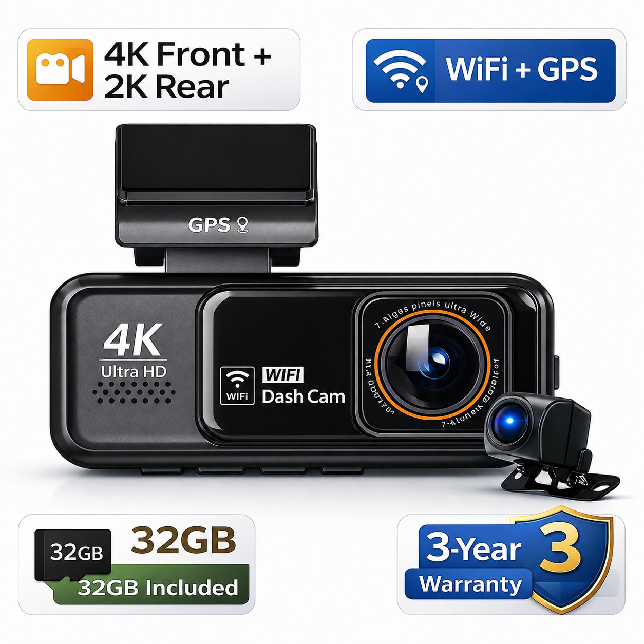 4K Dash Cam Front Rear WiFi GPS 64GB Hardwire Kit Dual Power Night Vision