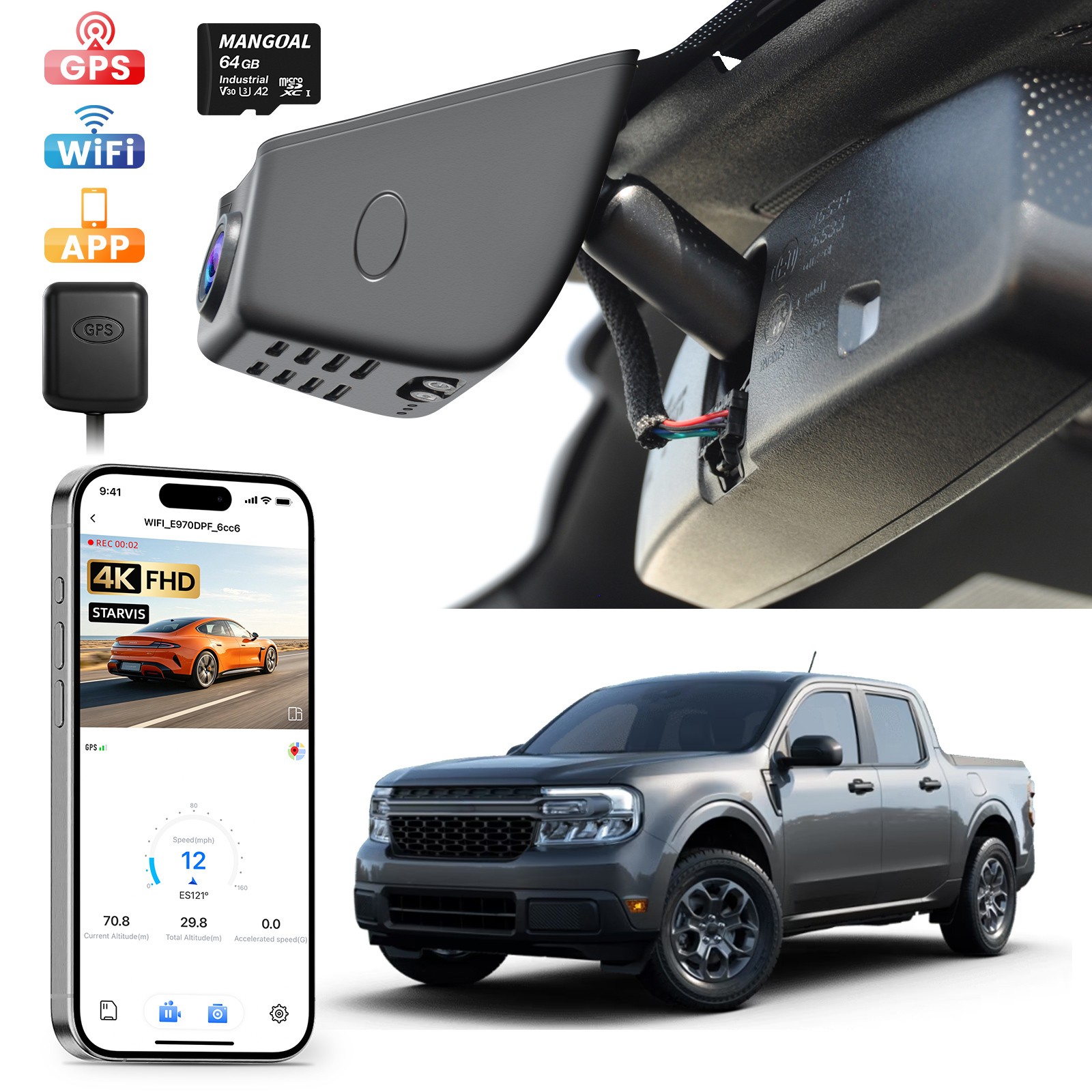 Mangoal 4K HDR Dash Cam Custom for Ford 1st Gen Maverick 2022-2024 G-Sensor GPS