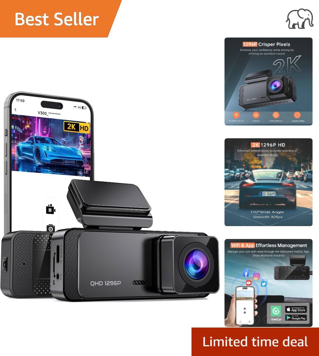 V300 1296P Front Dash Cam with User-Friendly App & Enhanced Night Vision