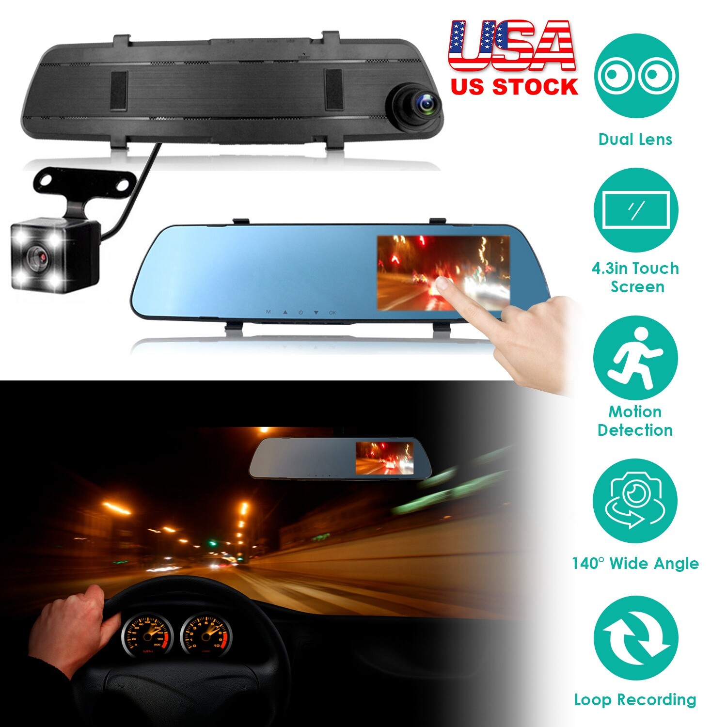 4.3″ Backup Camera Mirror Dual Lens G-sensor Dash Cam Front Rear View Reverse