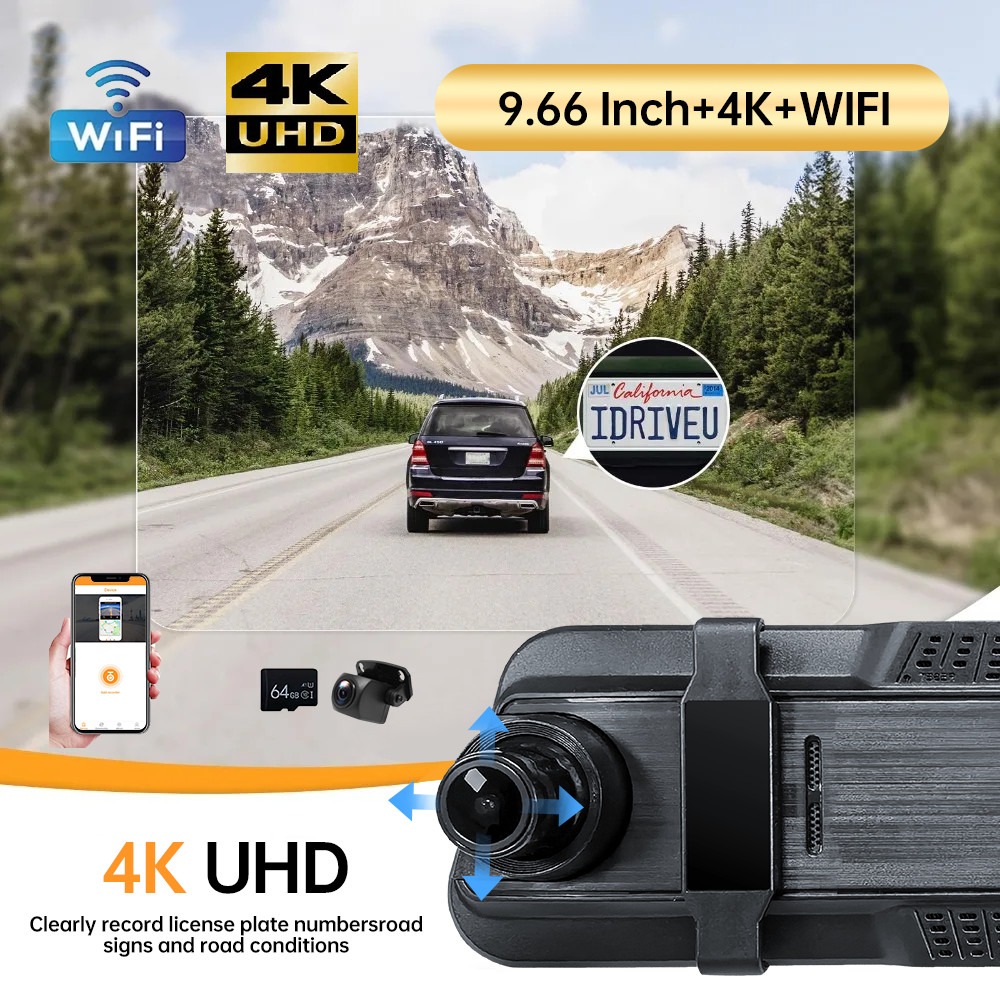 9.66 inch 4K HD Mirror Dash Cam ,1080P Rear Camera/Wifi/Free 64G TF Ca