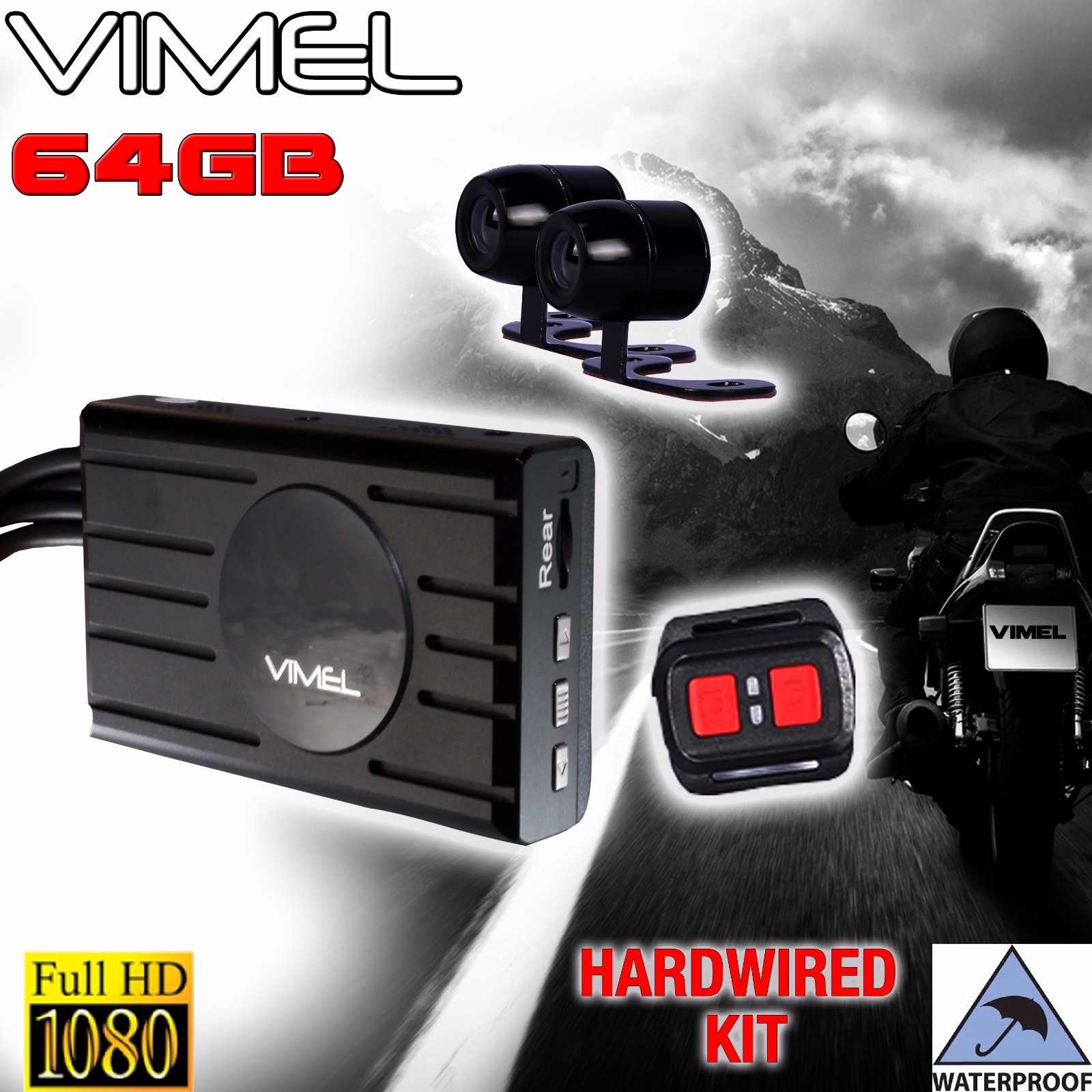 Motorcycle Camera 64GB Vimel 1080 Twin Motorbike Bike Waterproof Hardwired Truck