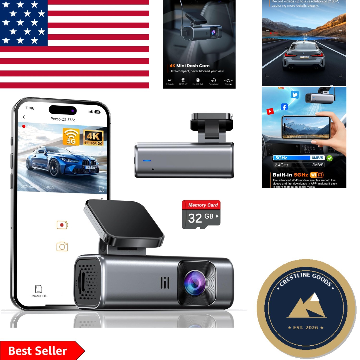 4K Front Dash Cam with APP Control & Superior Night Vision – 32GB Included