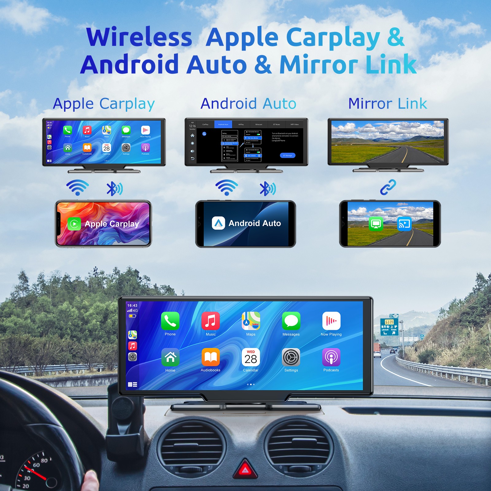 10.26″ Portable Car Stereo Touch Screen Apple Carplay Wireless Android Auto DVR