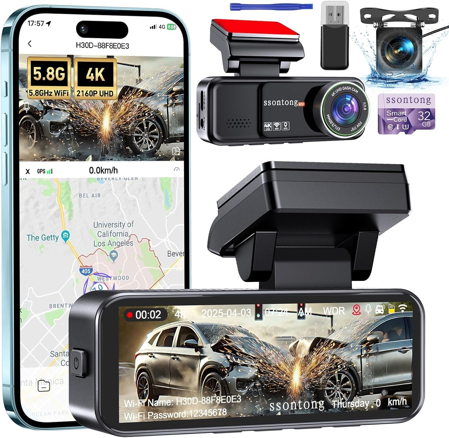 Dual Lens Dash Camera 4K Front 1080P Rear, WiFi & GPS – Instant Evidence Capture
