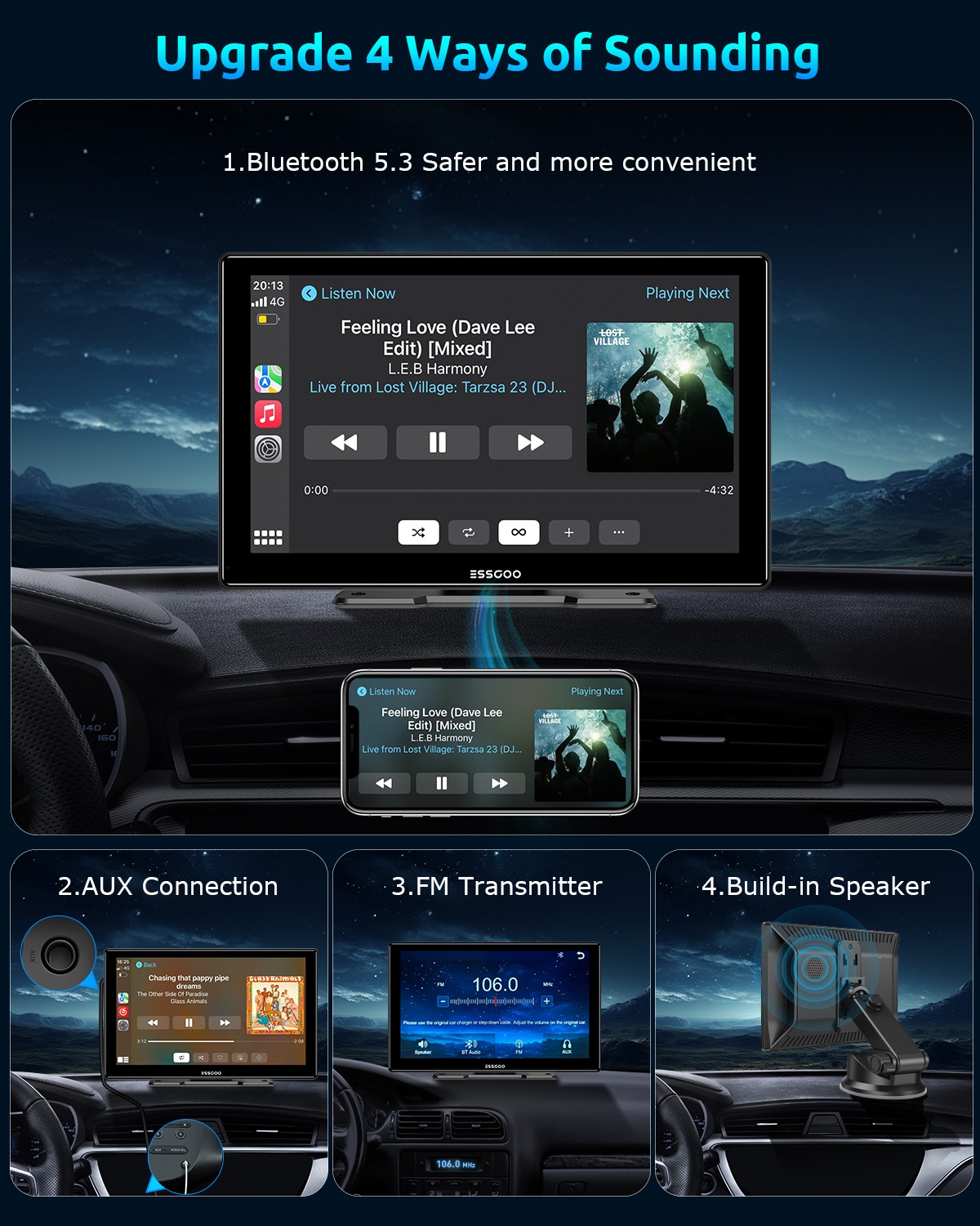 ESSGOO Portable 4K Car Stereo Apple CarPlay Android Auto Touch Screen FM Radio