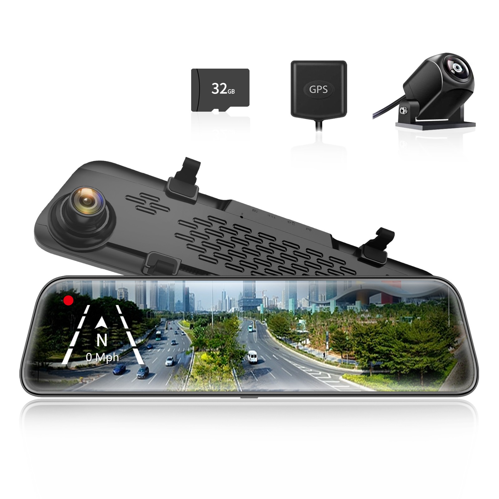 WOLFBOX G840S 12″ 4K Mirror Dash Cam Front and Rear Recording With GPS 32GB Card
