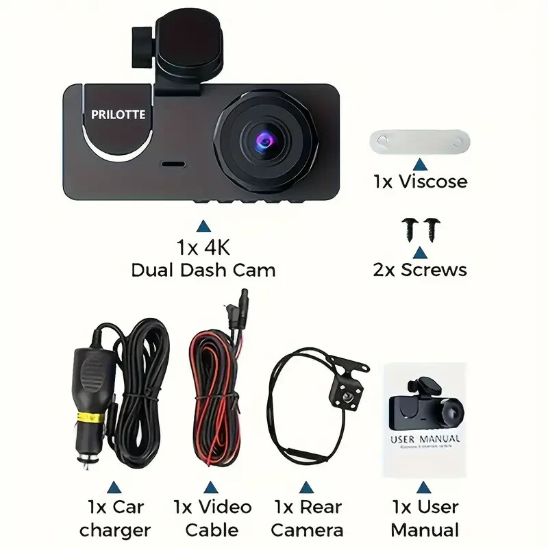 PRILOTTE Dash Cam – Front 4K UHD and Rear 1080p Camera With Free 32GB SD Card