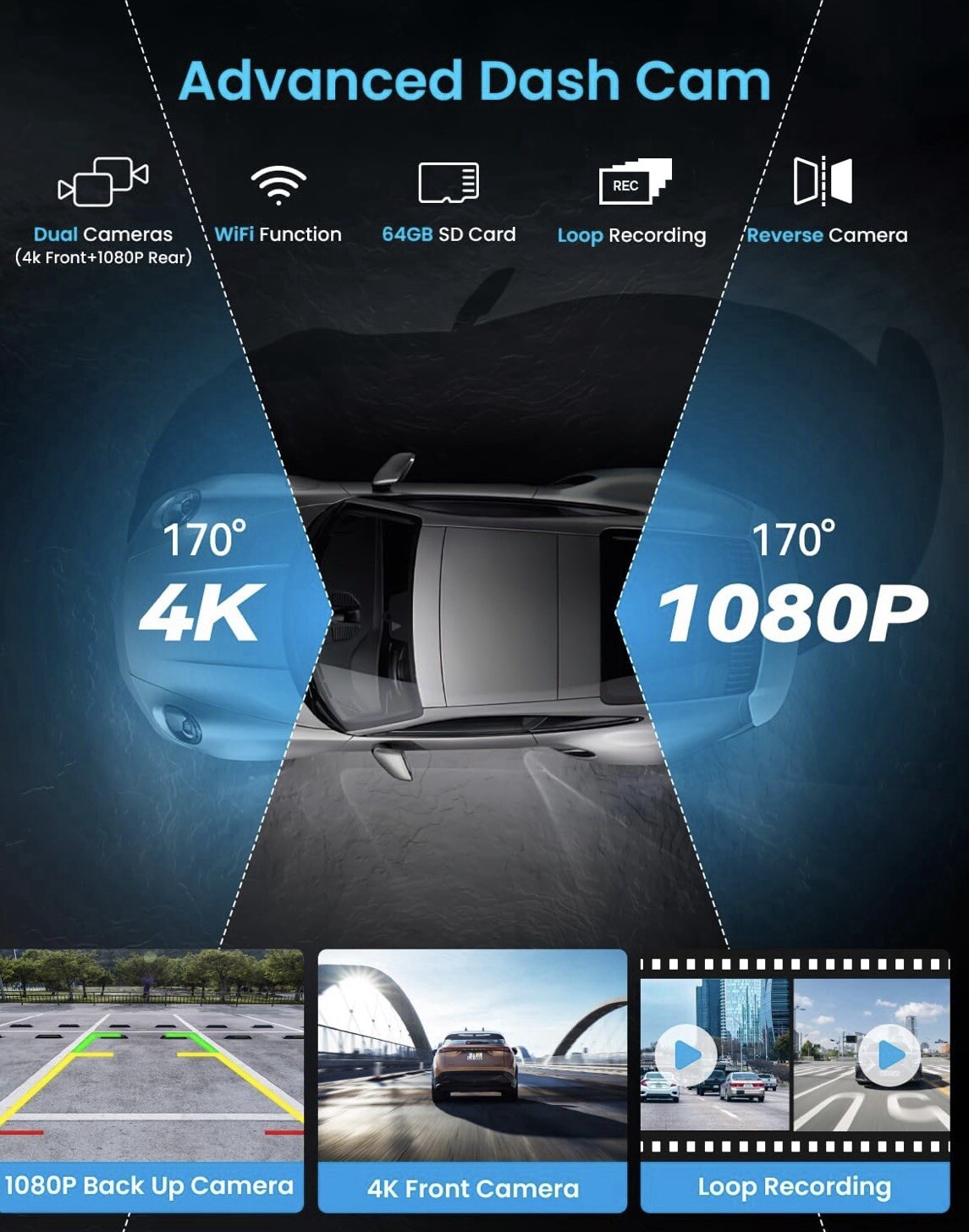 IIWEY 2K/1080P Front/Rear Recording/Backup Camera 6 IR Lights Night Vision 1440P