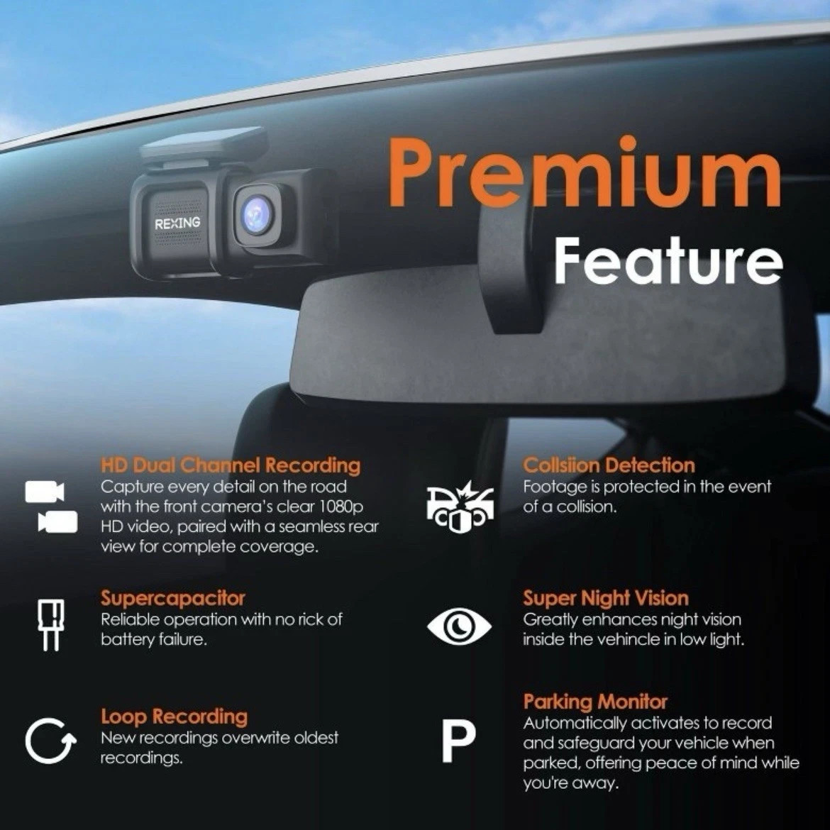 Rexing DT2 HD Dual Channel 1080p Front & Rear Dash Camera Collision Detect NEWOB