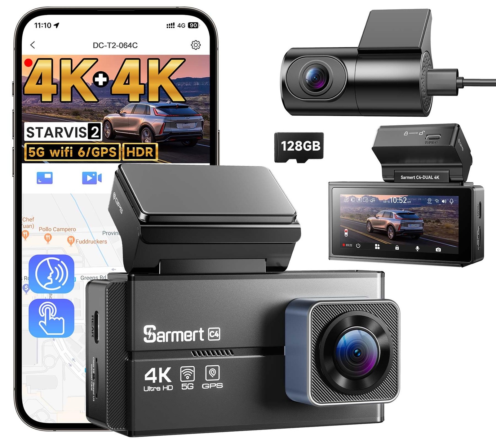 Dash Cam Front and Rear – C4 Dual 4K Built-in GPS and 5G WiFi, Free 128GB Car…