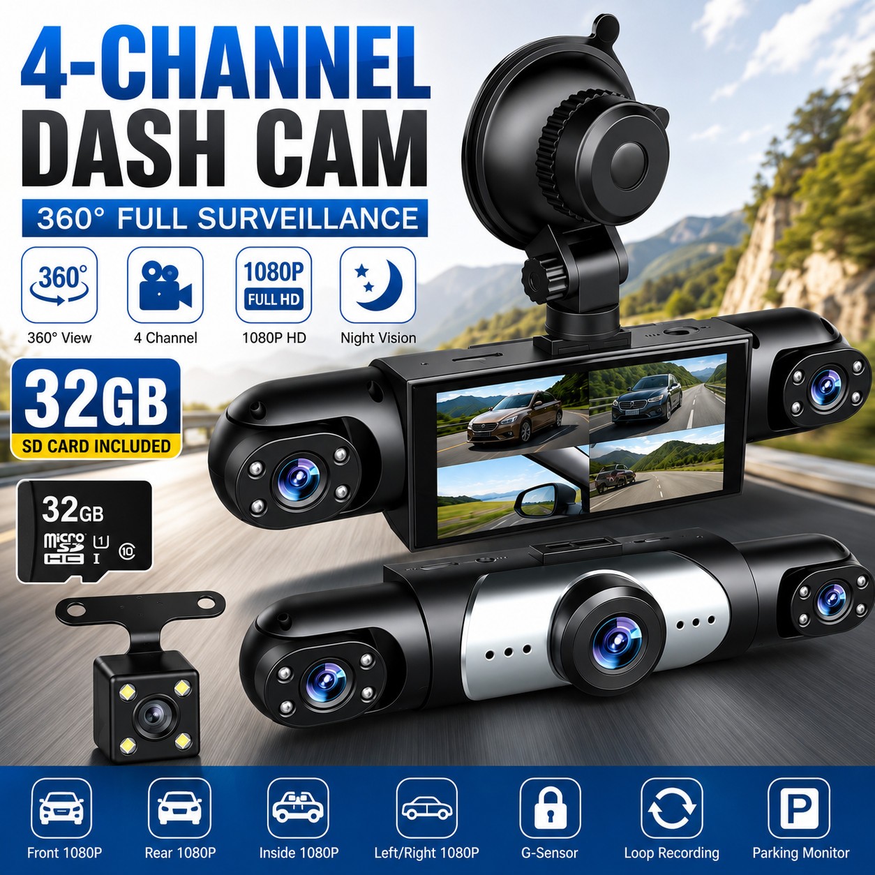 360° Full View Dash Cam Front and Rear Inside 4 Channel Dashcam 1080P Full HD