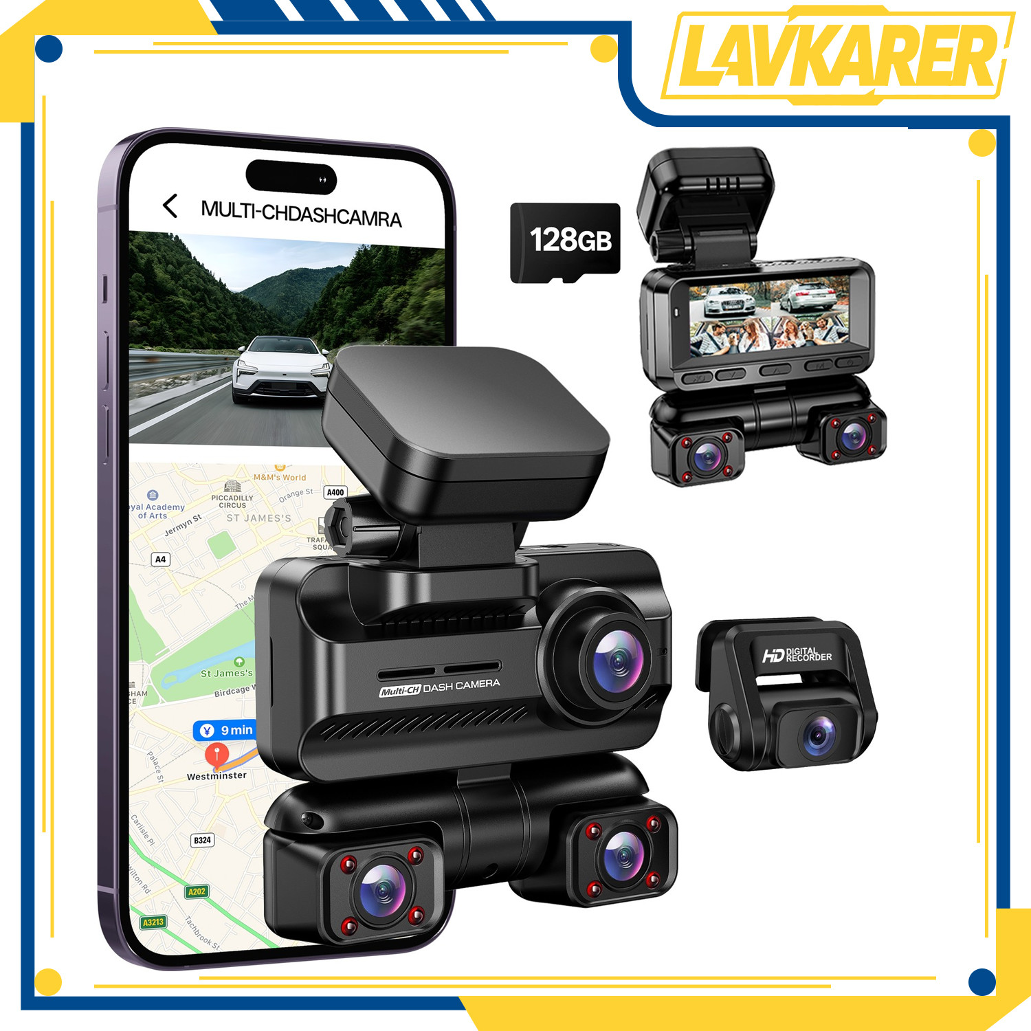 Dash Cam 4 Channel 360° Front Rear Inside DashCam 3.18” IPS Screen WDR Night 4K