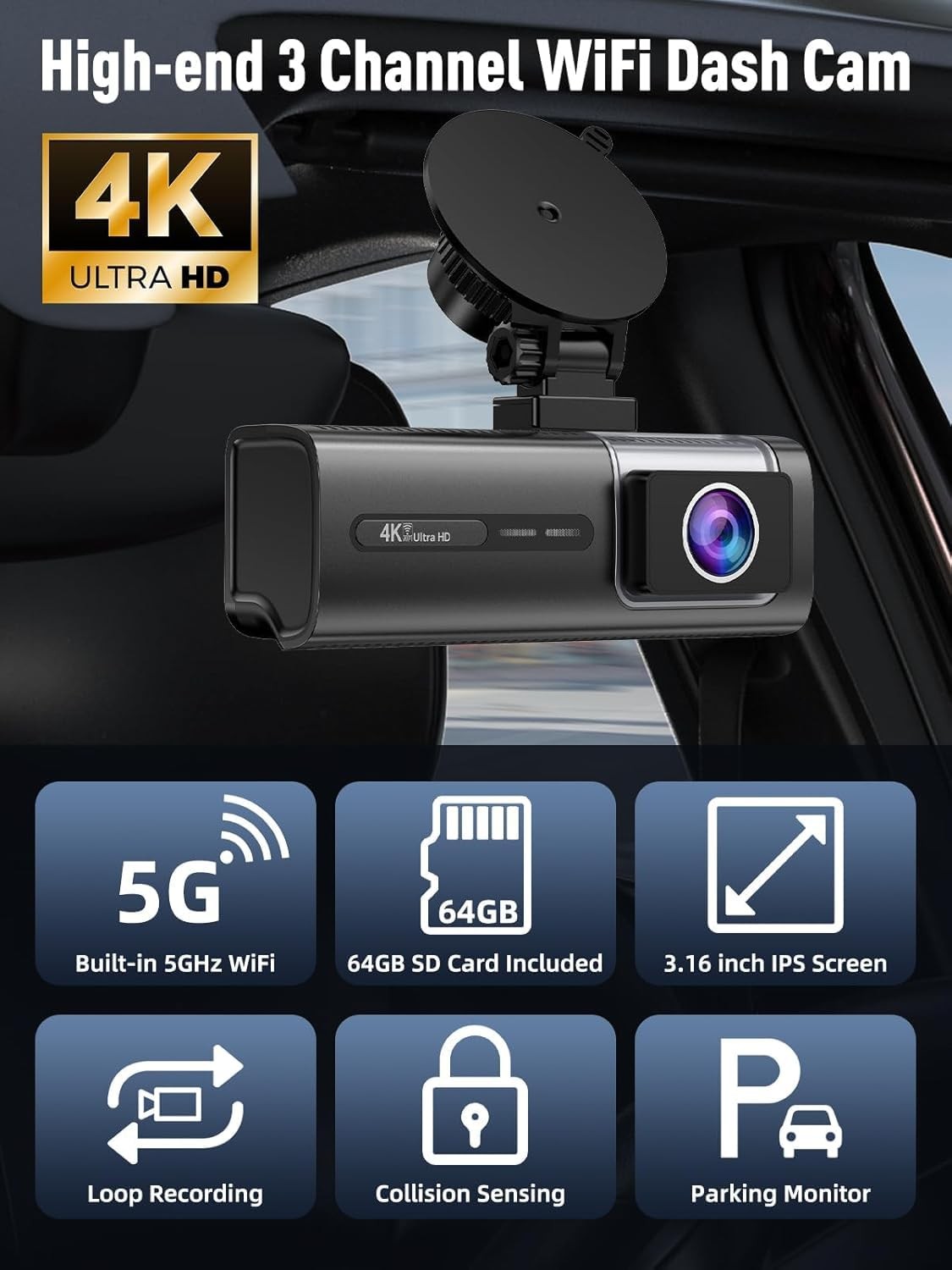 Triple Camera Dash Cam 5G WiFi 4K 1080P 1080P HDR IR Night Vision 64GB Card