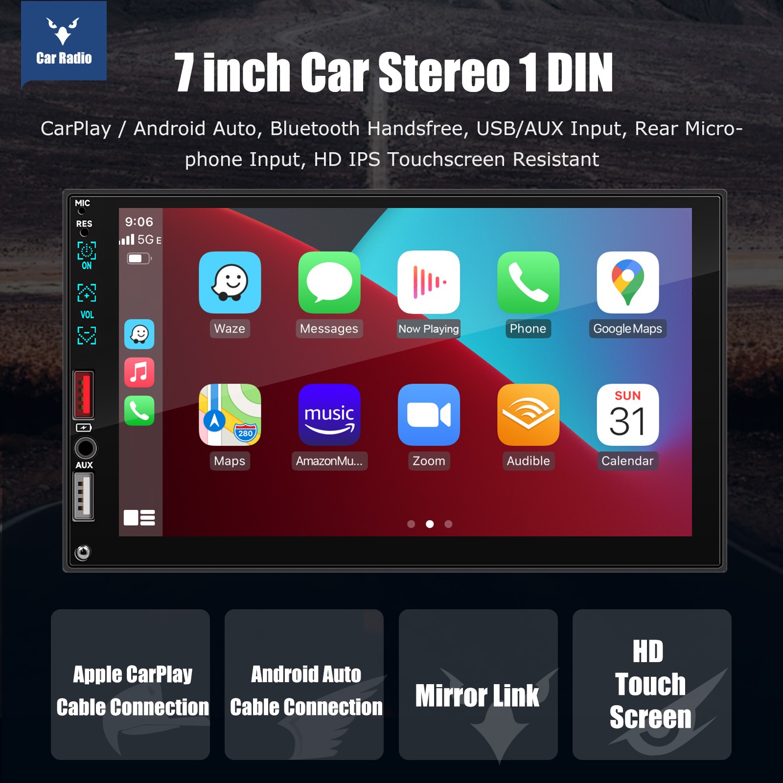 Single DIN 7″ Car Stereo Head Unit Apple CarPlay Touchscreen Bluetooth Radio USB