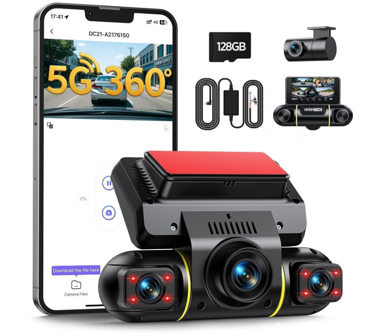 Cámara Dash Cam 4 Canales 360°, WiFi 5G, Visión Nocturna y 128GB. Nuevo